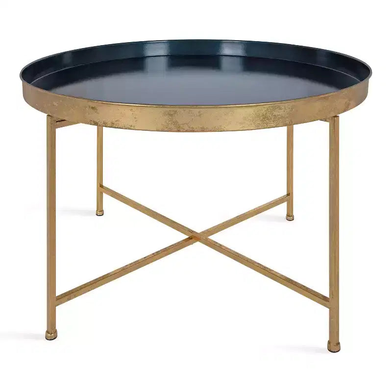 Table basse ronde en métal, 71,76 cm de diamètre, piètement géométrique bleu marine et or