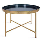 Table basse ronde en métal, 71,76 cm de diamètre, piètement géométrique bleu marine et or