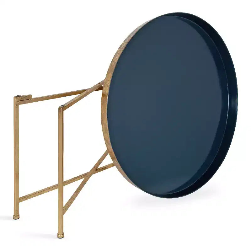 Table basse ronde en métal, 71,76 cm de diamètre, piètement géométrique bleu marine et or