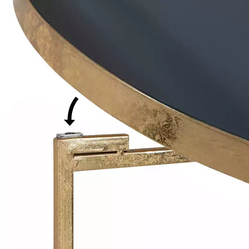 Table basse ronde en métal, 71,76 cm de diamètre, piètement géométrique bleu marine et or