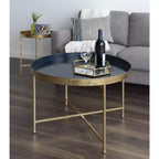 Table basse ronde en métal, 71,76 cm de diamètre, piètement géométrique bleu marine et or
