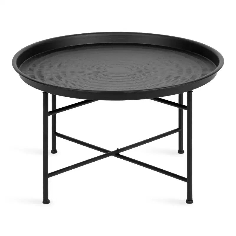 Table basse ronde en métal avec piètement géométrique, doré et blanc