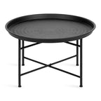 Table basse ronde en métal avec piètement géométrique, doré et blanc
