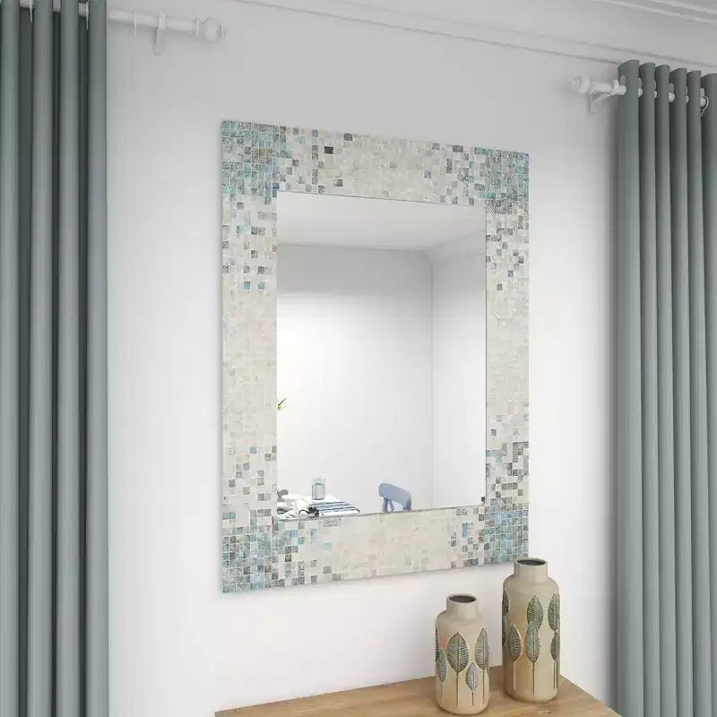 Miroir mural mosaïque fait main en nacre – Coins bleus, crème