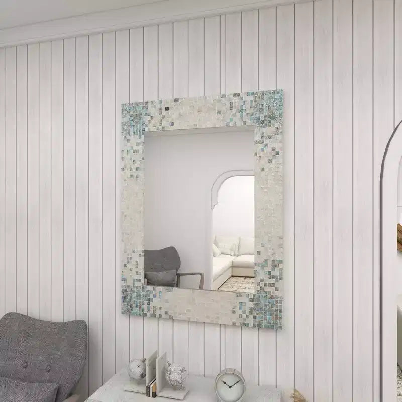 Miroir mural mosaïque fait main en nacre – Coins bleus, crème