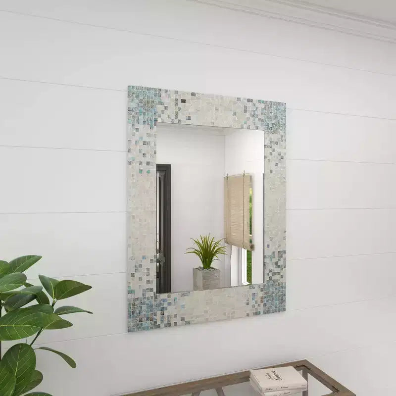 Miroir mural mosaïque fait main en nacre – Coins bleus, crème