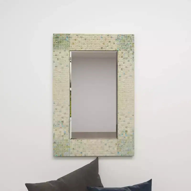 Miroir mural mosaïque fait main en nacre – Coins bleus, crème
