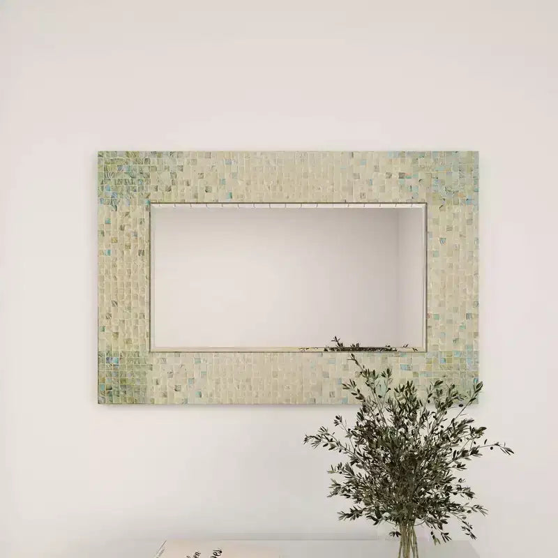 Miroir mural mosaïque fait main en nacre – Coins bleus, crème