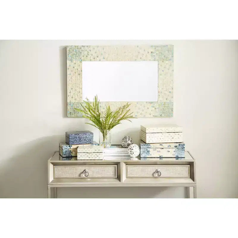 Miroir mural mosaïque fait main en nacre – Coins bleus, crème
