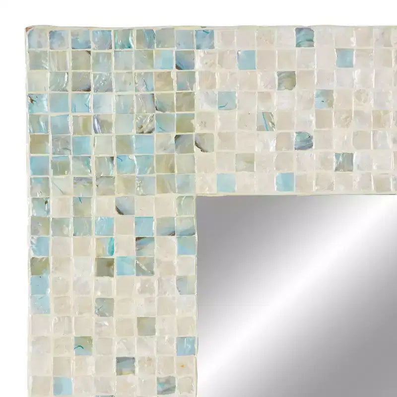 Miroir mural mosaïque fait main en nacre – Coins bleus, crème