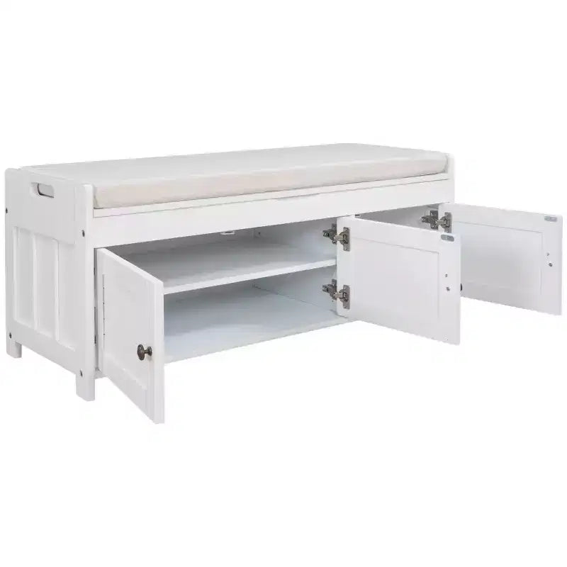 Banc de rangement avec 3 portes persiennes, coussin amovible et rangement dissimulé