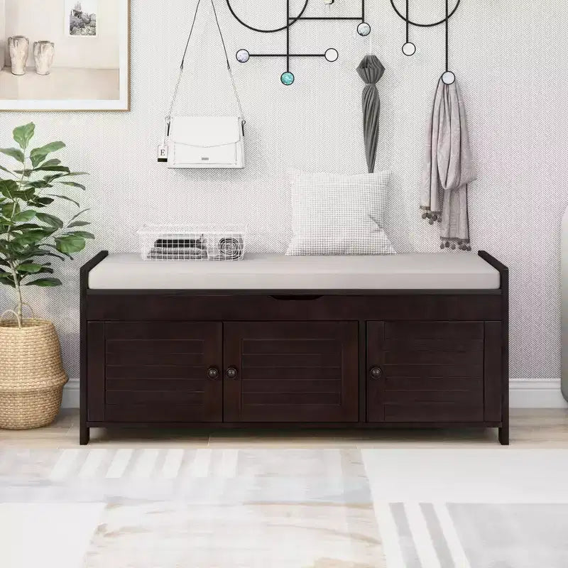Banc de rangement avec 3 portes persiennes, coussin amovible et rangement dissimulé