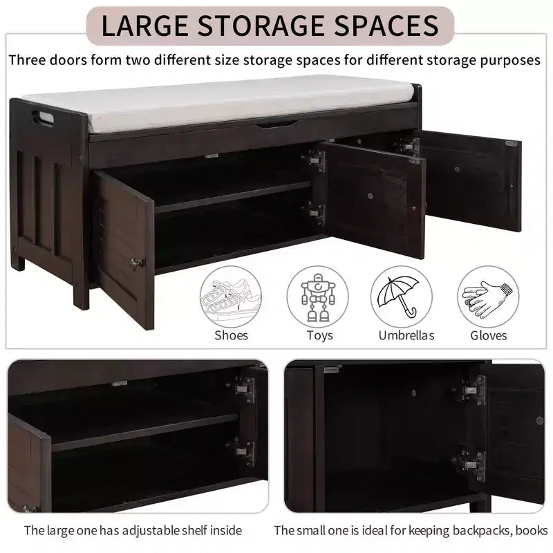 Banc de rangement avec 3 portes persiennes, coussin amovible et rangement dissimulé