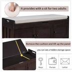 Banc de rangement avec 3 portes persiennes, coussin amovible et rangement dissimulé