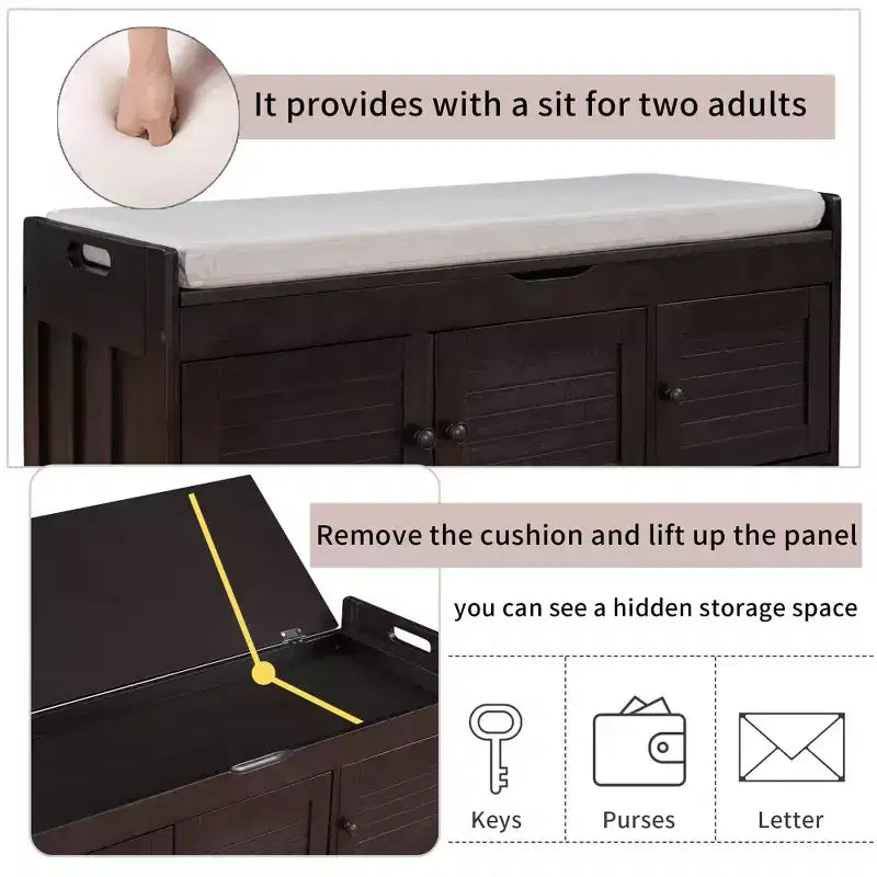 Banc de rangement avec 3 portes persiennes, coussin amovible et rangement dissimulé