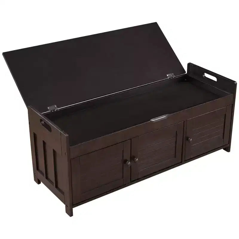 Banc de rangement avec 3 portes persiennes, coussin amovible et rangement dissimulé