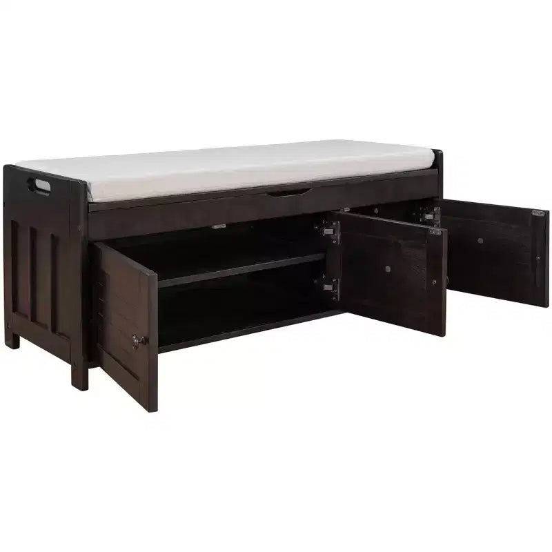 Banc de rangement avec 3 portes persiennes, coussin amovible et rangement dissimulé