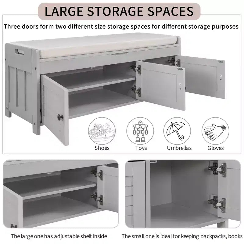 Banc de rangement avec 3 portes persiennes, coussin amovible et rangement dissimulé