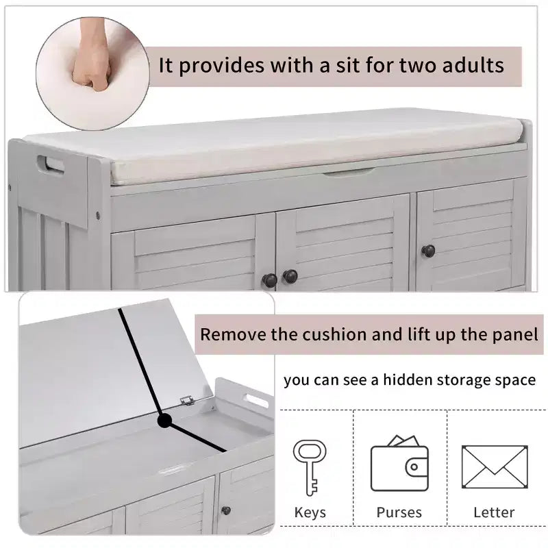Banc de rangement avec 3 portes persiennes, coussin amovible et rangement dissimulé