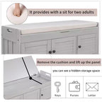Banc de rangement avec 3 portes persiennes, coussin amovible et rangement dissimulé