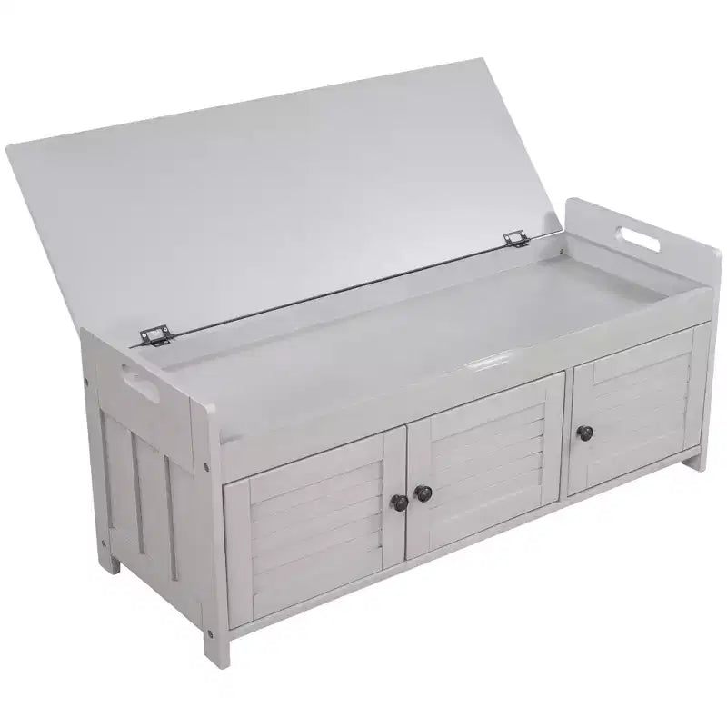 Banc de rangement avec 3 portes persiennes, coussin amovible et rangement dissimulé