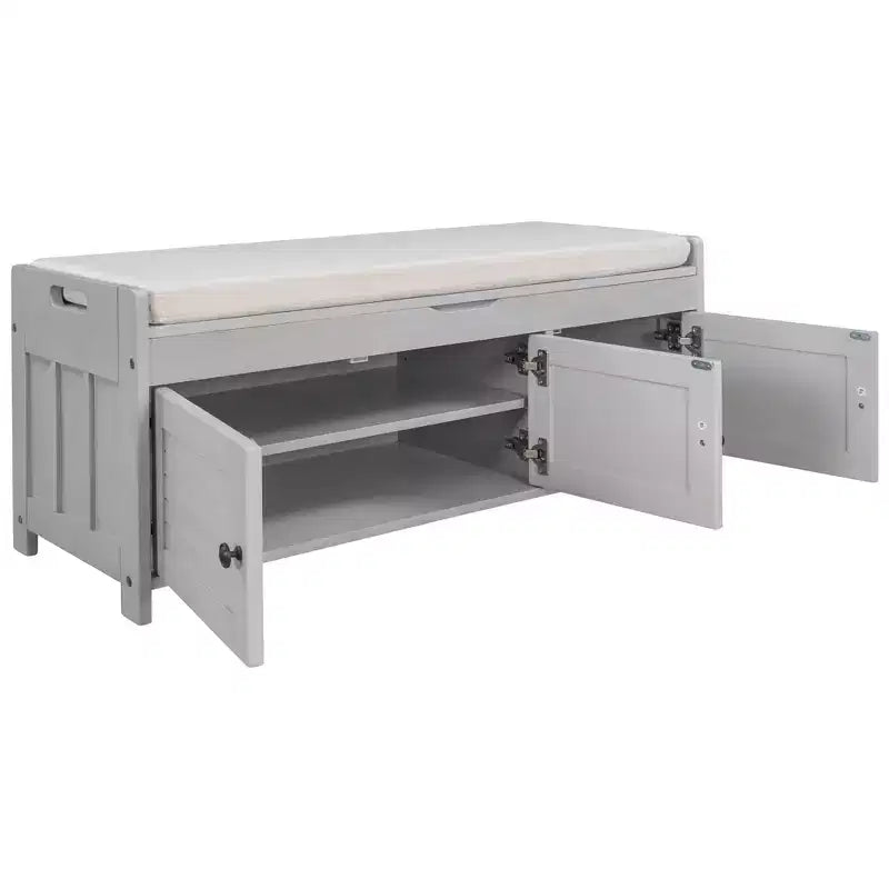 Banc de rangement avec 3 portes persiennes, coussin amovible et rangement dissimulé