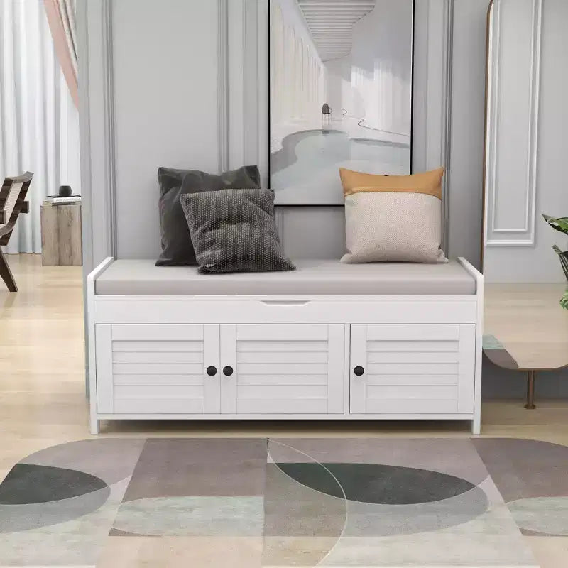 Banc de rangement avec 3 portes persiennes, coussin amovible et rangement dissimulé