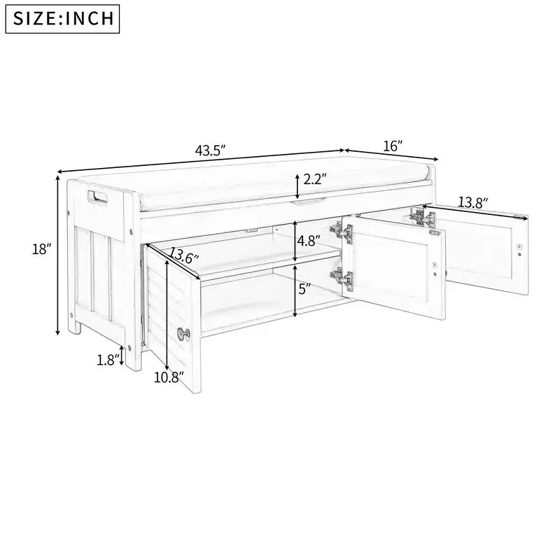 Banc de rangement avec 3 portes persiennes, coussin amovible et rangement dissimulé