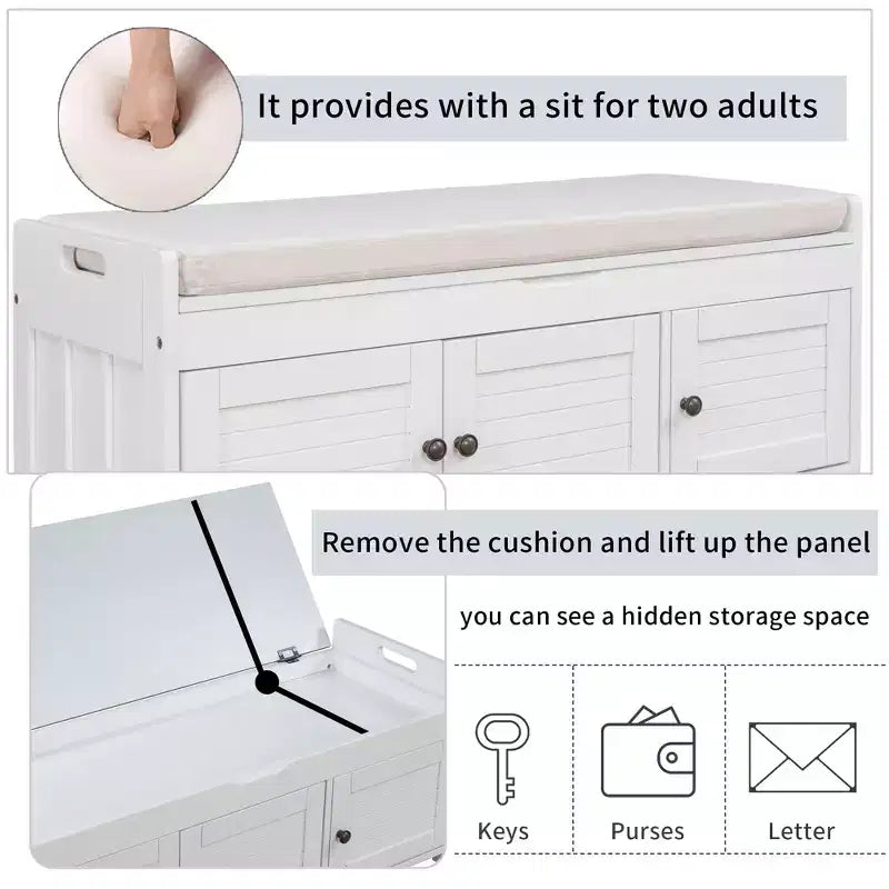 Banc de rangement avec 3 portes persiennes, coussin amovible et rangement dissimulé