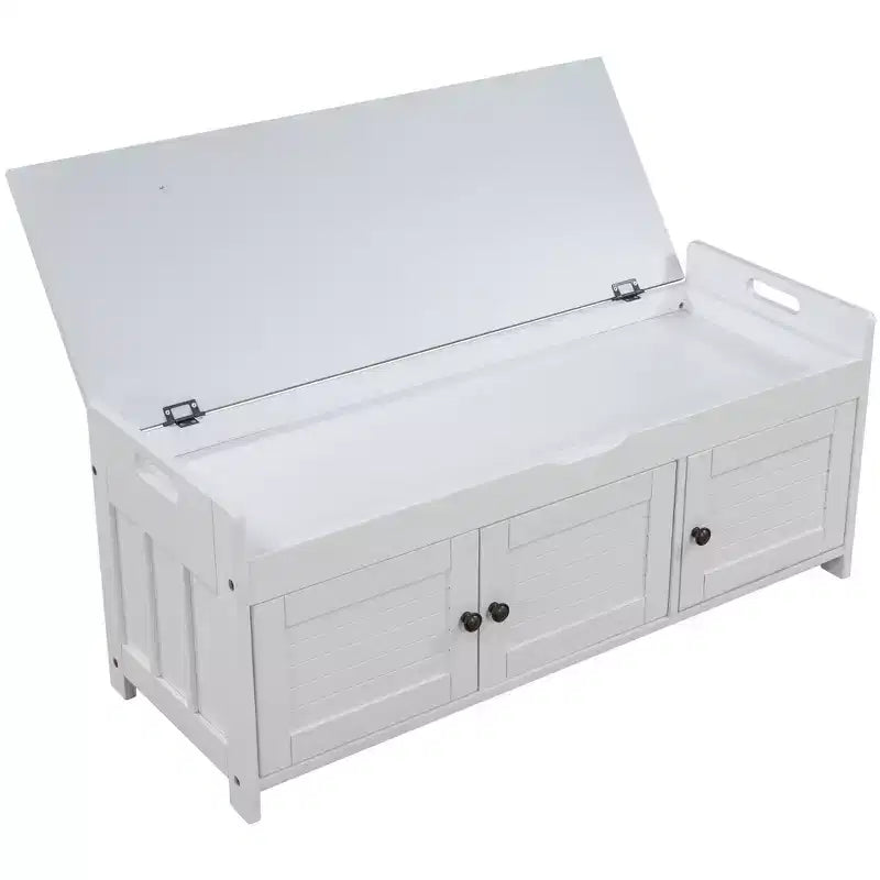 Banc de rangement avec 3 portes persiennes, coussin amovible et rangement dissimulé