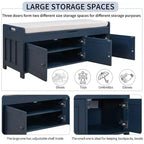 Banc de rangement avec 3 portes persiennes, coussin amovible et rangement dissimulé