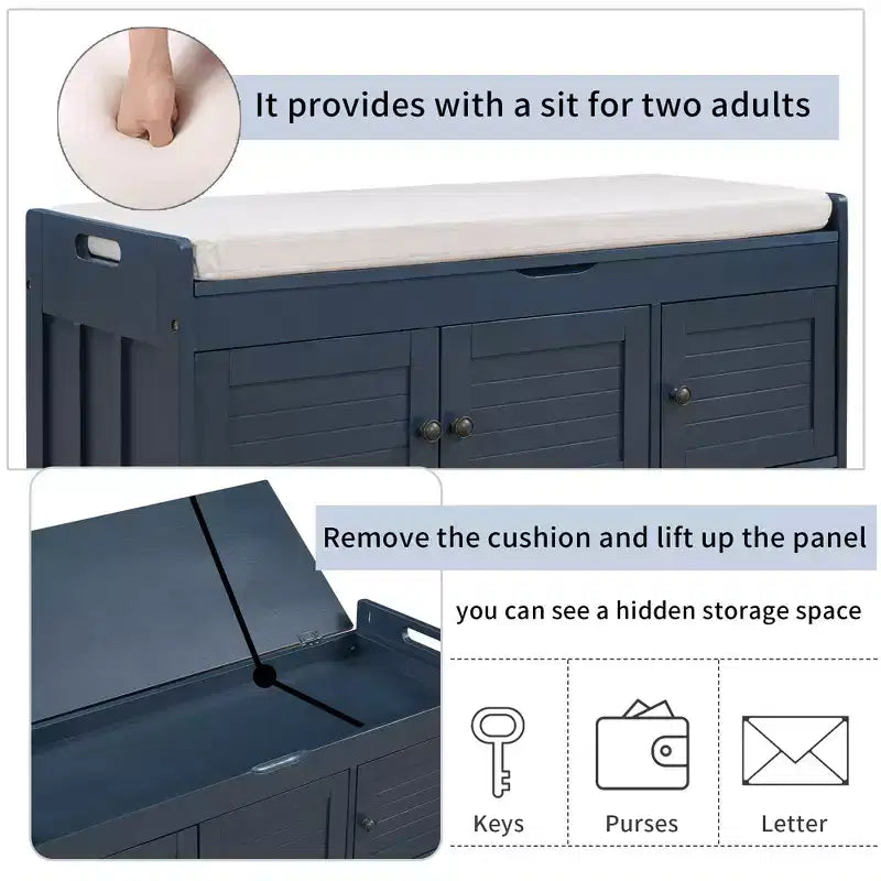 Banc de rangement avec 3 portes persiennes, coussin amovible et rangement dissimulé