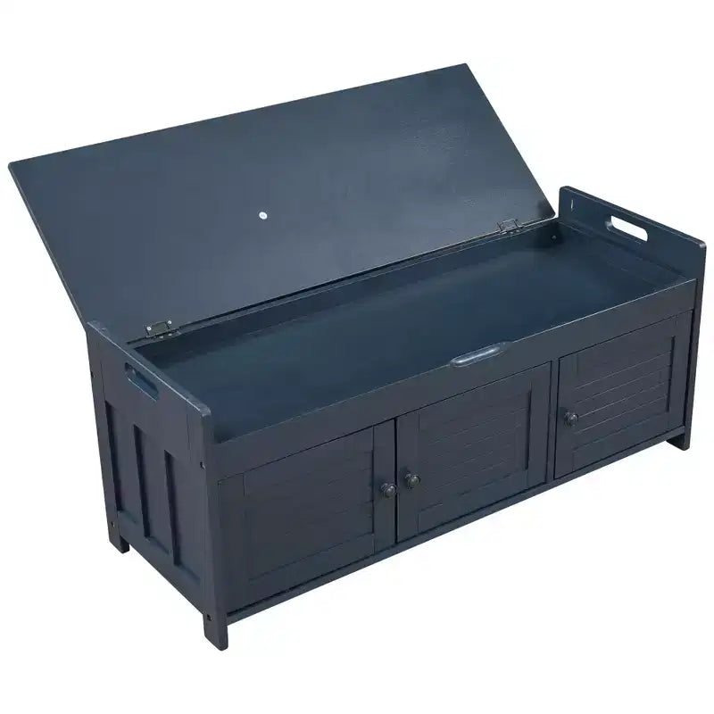 Banc de rangement avec 3 portes persiennes, coussin amovible et rangement dissimulé