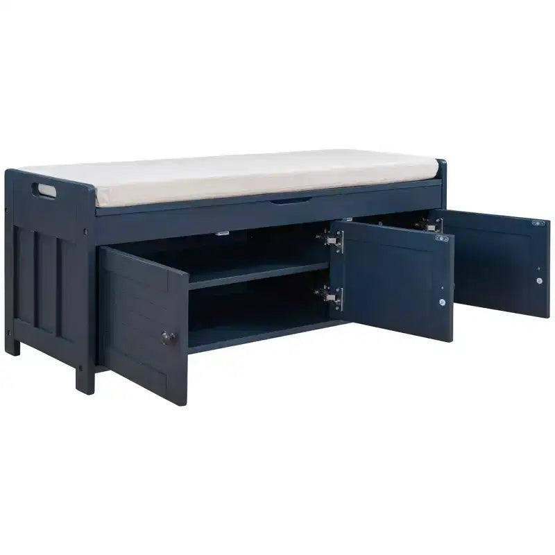 Banc de rangement avec 3 portes persiennes, coussin amovible et rangement dissimulé