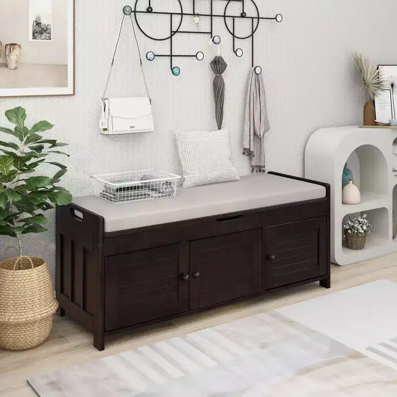 Banc de rangement avec 3 portes persiennes, coussin amovible et rangement dissimulé