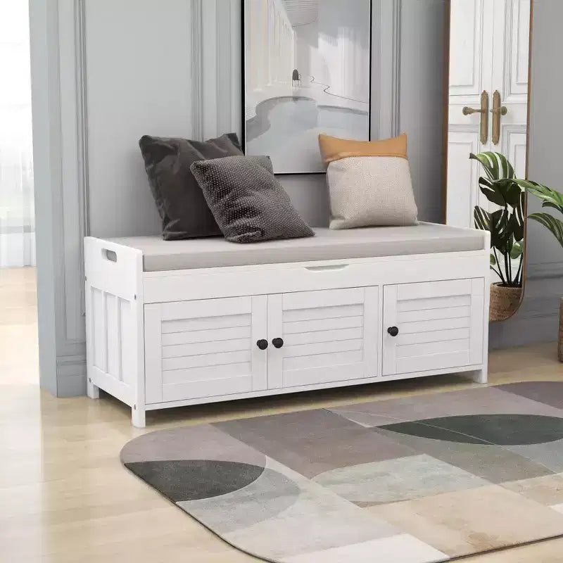 Banc de rangement avec 3 portes persiennes, coussin amovible et rangement dissimulé