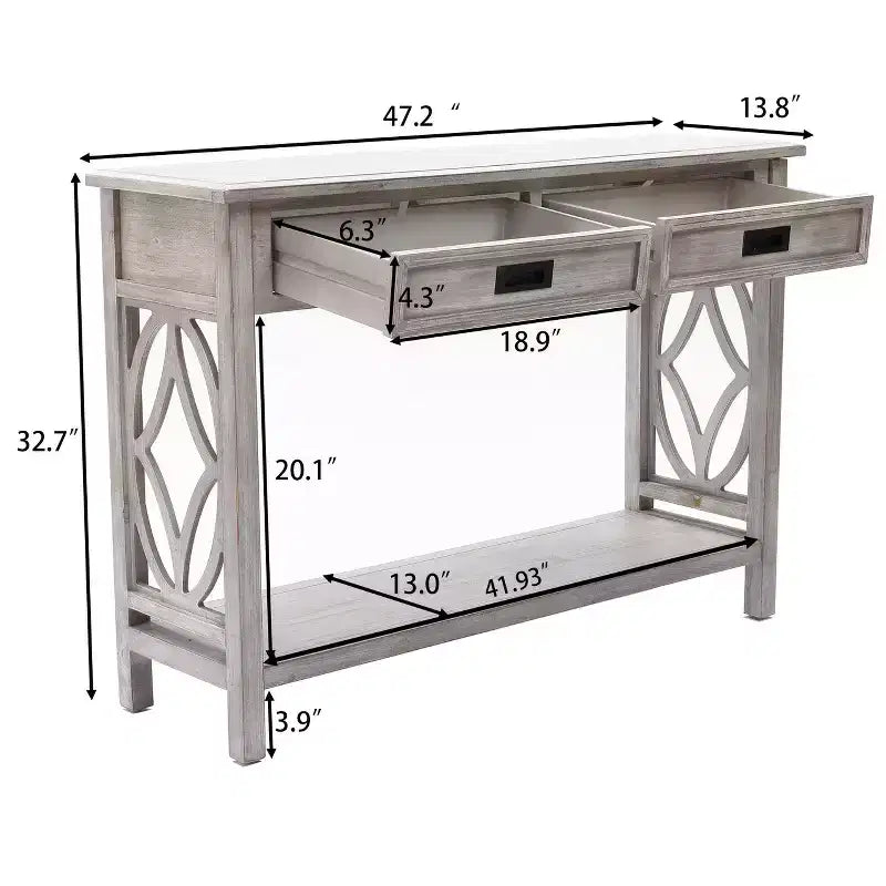 Console en bois gris avec 2 tiroirs et 1 étagère, table d'entrée