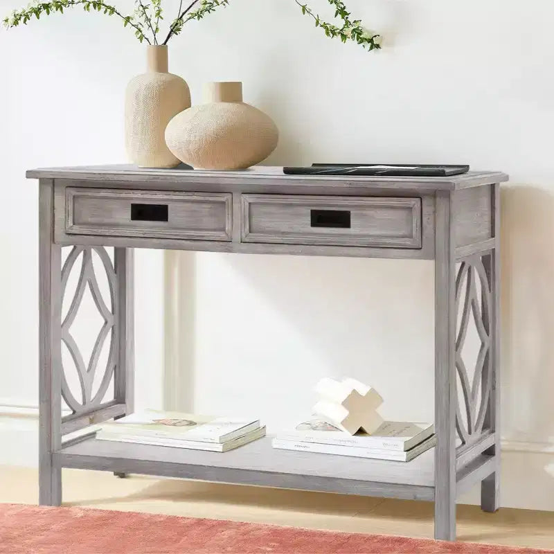 Console en bois gris avec 2 tiroirs et 1 étagère, table d'entrée