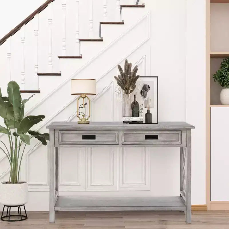 Console en bois gris avec 2 tiroirs et 1 étagère, table d'entrée