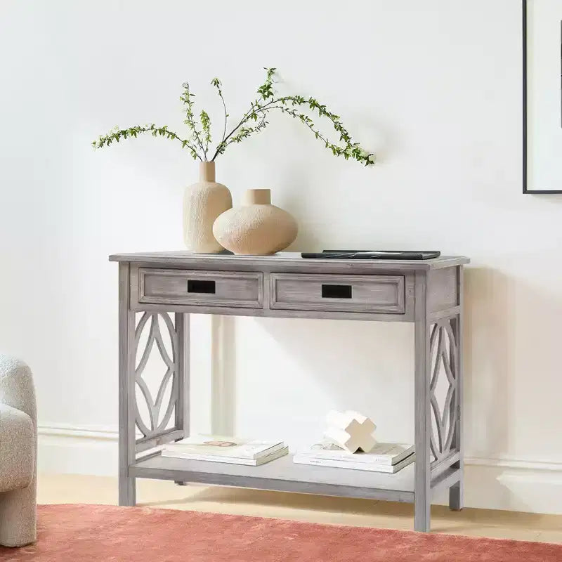 Console en bois gris avec 2 tiroirs et 1 étagère, table d'entrée