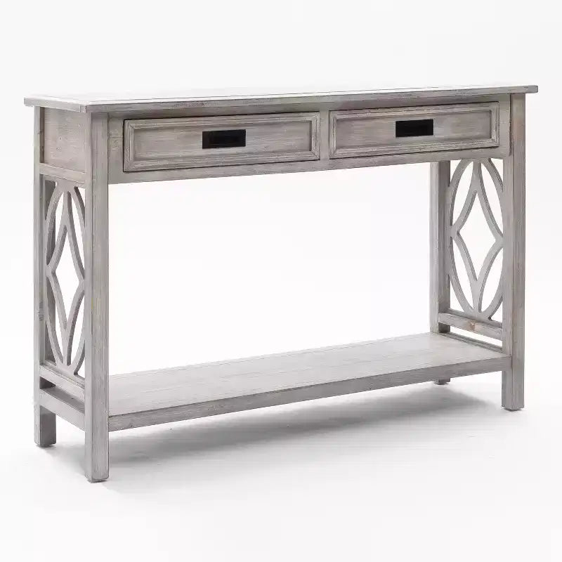 Console en bois gris avec 2 tiroirs et 1 étagère, table d'entrée