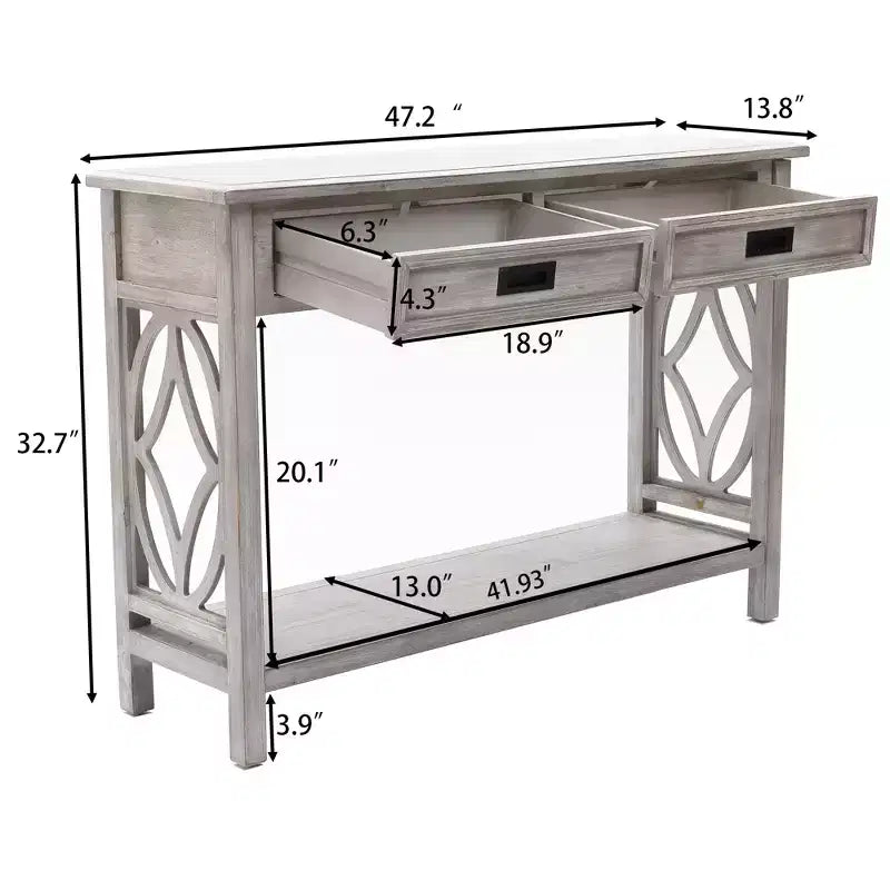 Console en bois gris avec 2 tiroirs et 1 étagère, table d'entrée