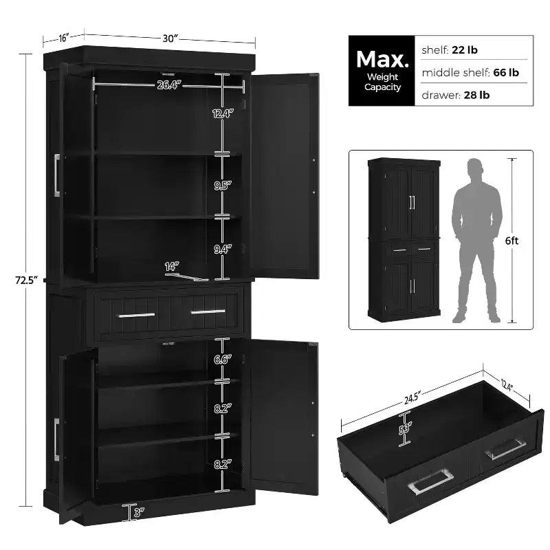 Meuble de rangement de cuisine de 184 cm de haut avec étagères réglables, rangement de salle à manger