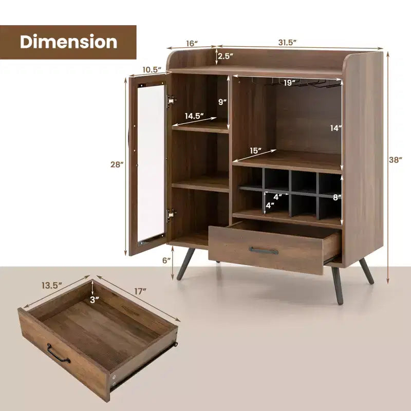 Buffet de cuisine, Meuble de rangement, Porte-verres à vin à 3 rangées, Porte en verre trempé, Anti-basculement