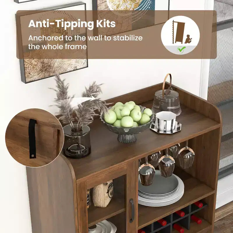 Buffet de cuisine, Meuble de rangement, Porte-verres à vin à 3 rangées, Porte en verre trempé, Anti-basculement