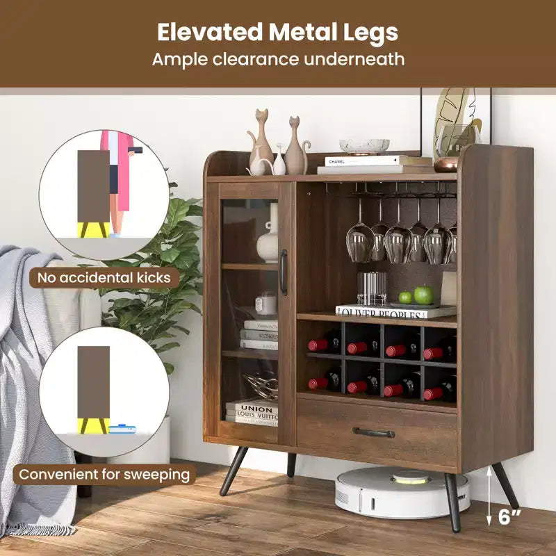 Buffet de cuisine, Meuble de rangement, Porte-verres à vin à 3 rangées, Porte en verre trempé, Anti-basculement