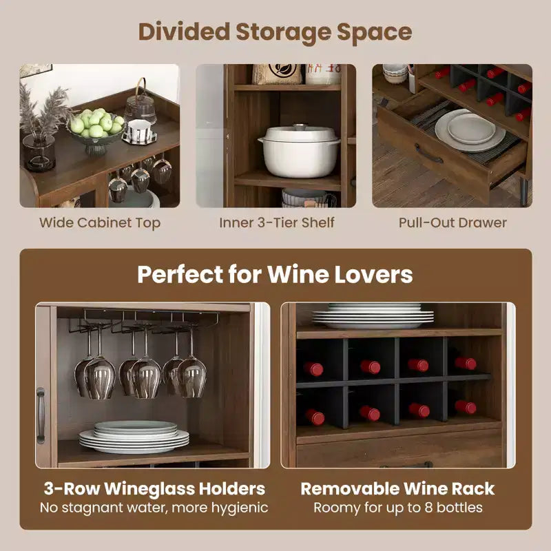 Buffet de cuisine, Meuble de rangement, Porte-verres à vin à 3 rangées, Porte en verre trempé, Anti-basculement